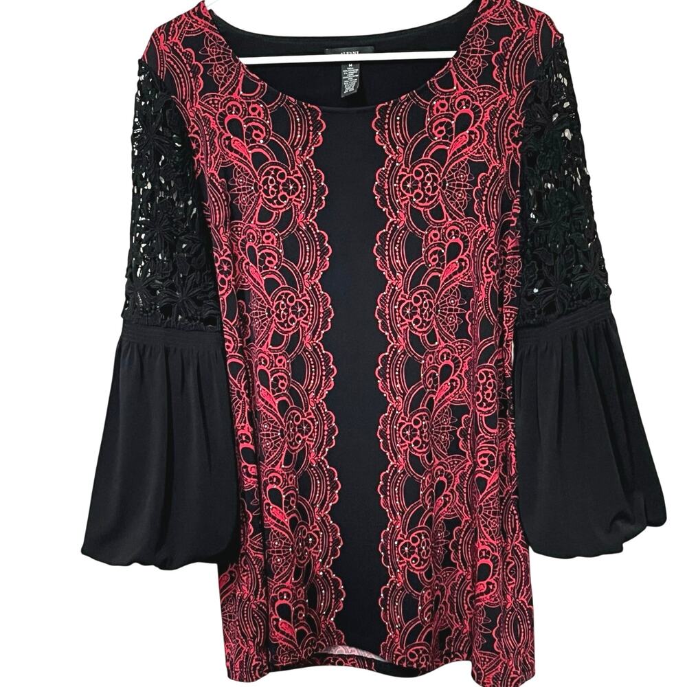 Alfani Women’s Blouse Sz Medium Black/Red Studded Lace Balloon‎ Sleeve Glamorous
